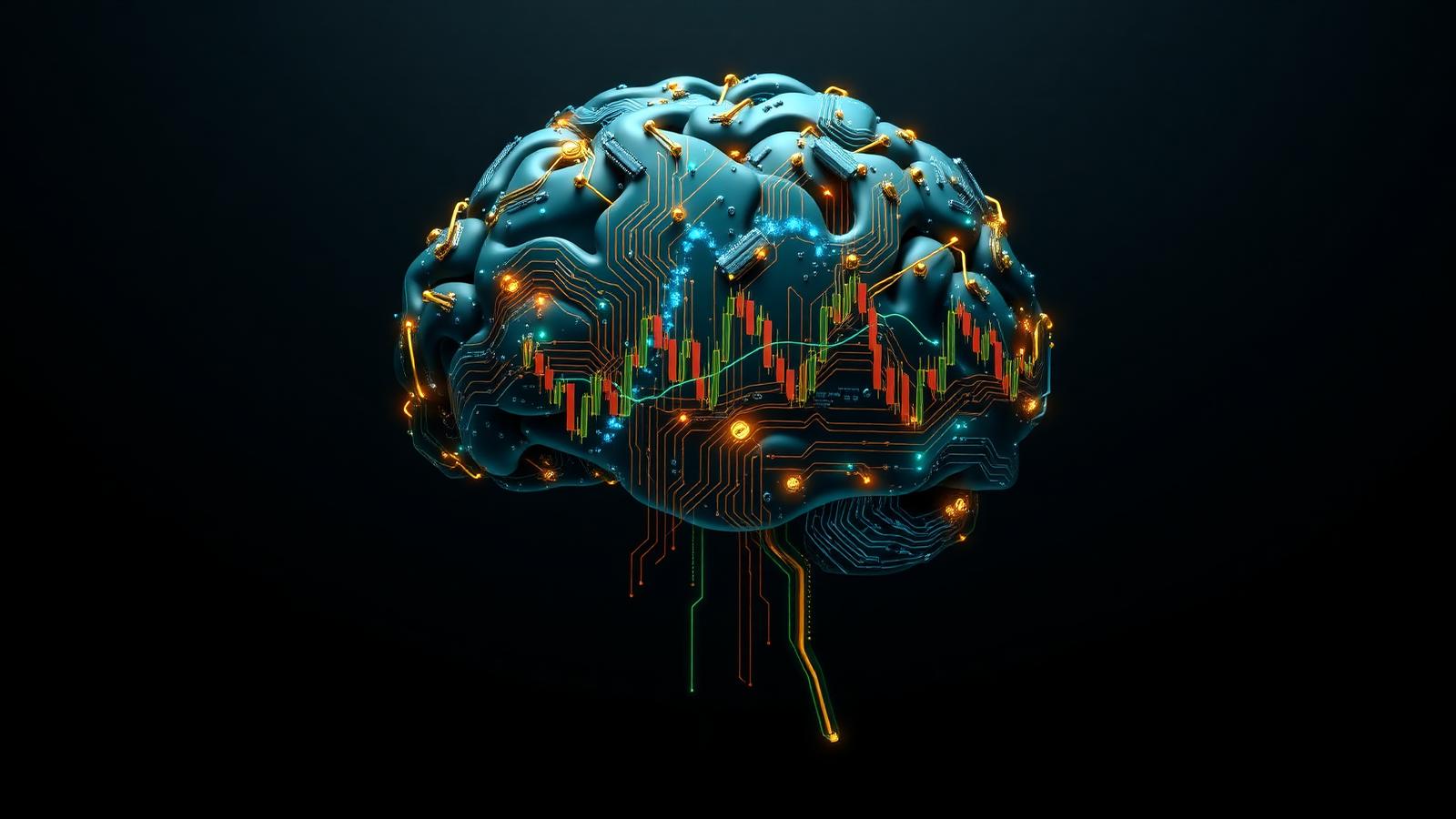 Digital brain built from circuit boards and candlestick charts representing an AI trading bot