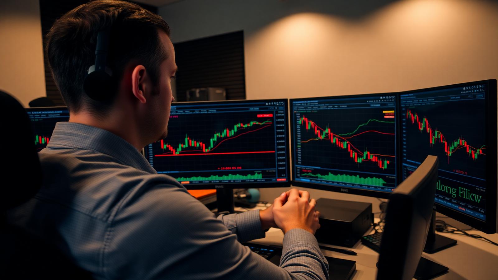 Trader reviewing candlestick charts with RSI and MACD indicators on multiple monitors