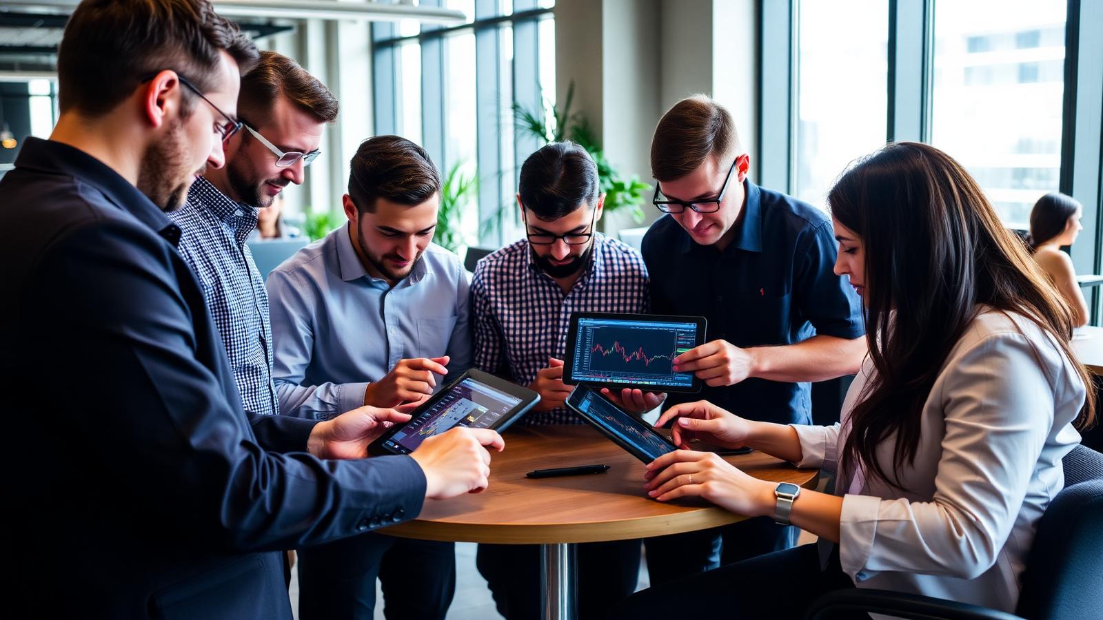 Group of traders reviewing trading charts together on tablets