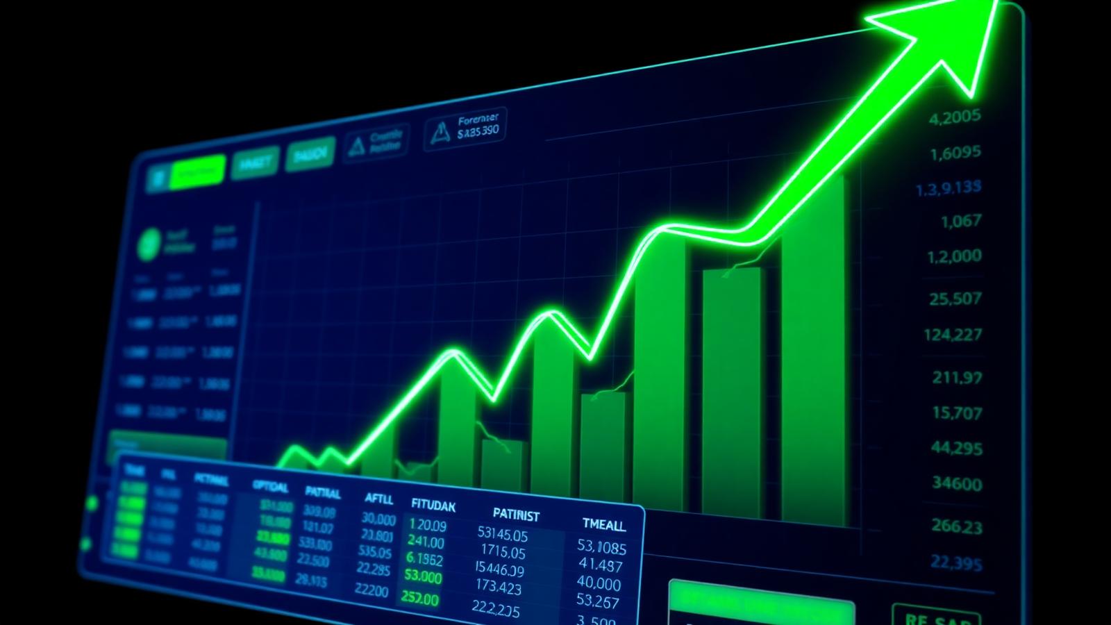 Futuristic trading dashboard with green upward arrows and a binary options style interface