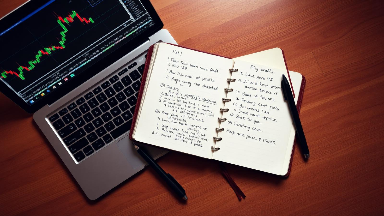 Trading journal notebook with handwritten entries next to a laptop showing a profit chart