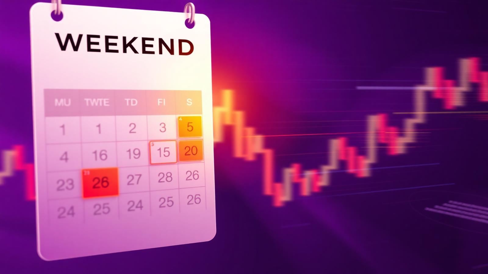 Calendar with weekend days highlighted beside a volatile candlestick chart