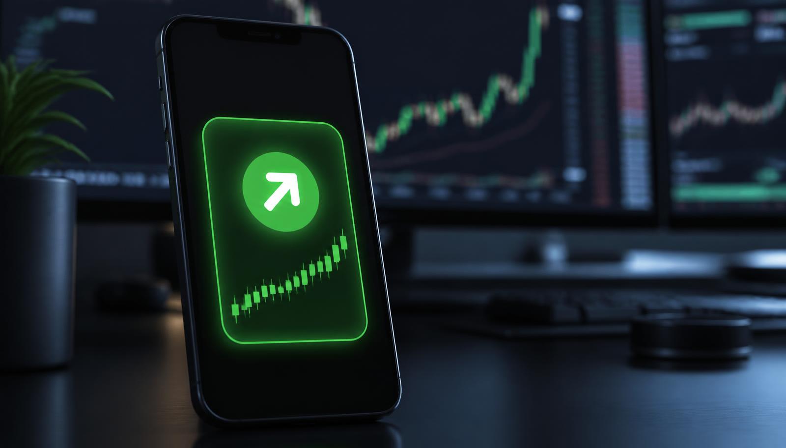 Smartphone showing a green trading alert with an upward arrow in front of trading monitors