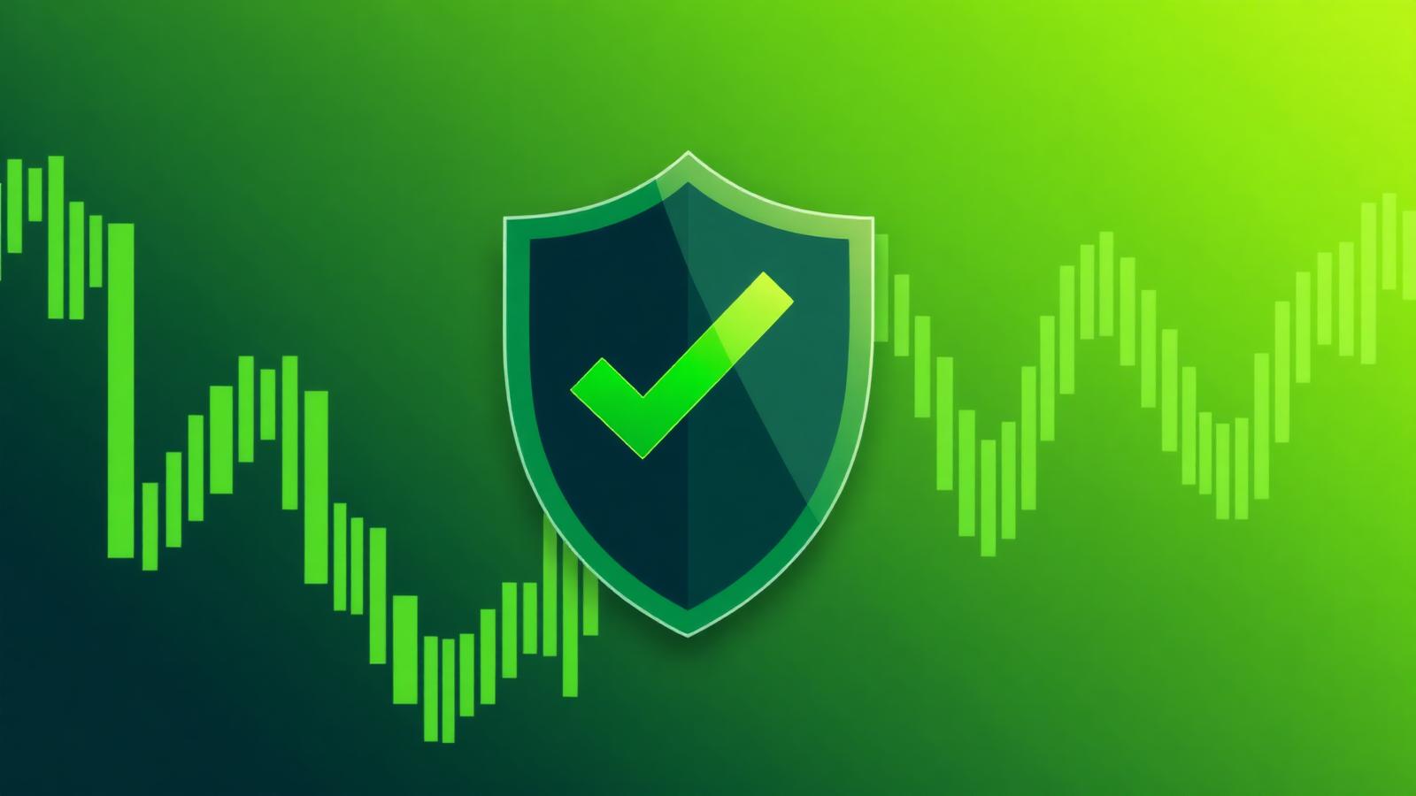 Shield with a checkmark over a green candlestick chart representing verified trading signals